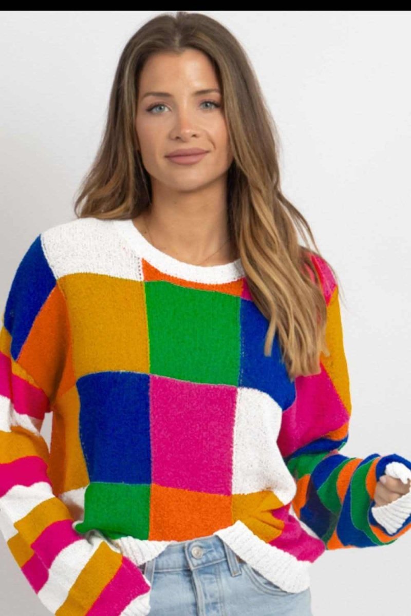 Color Block Round Neck Long Sleeve Sweater - Love Salve 