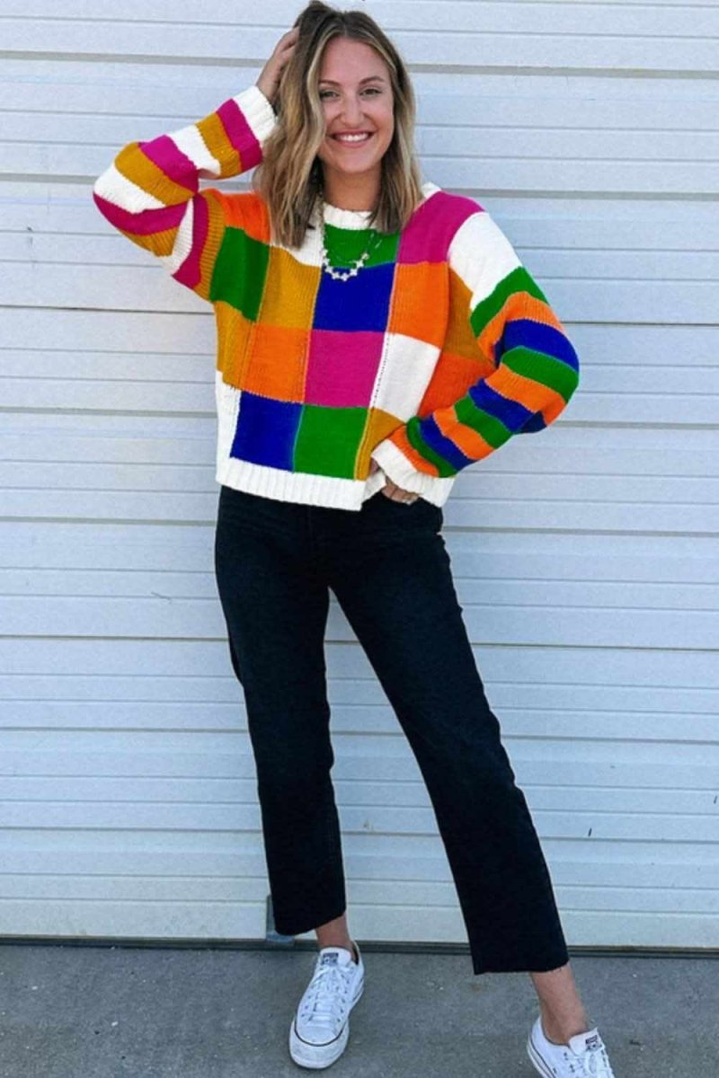 Color Block Round Neck Long Sleeve Sweater - Love Salve 