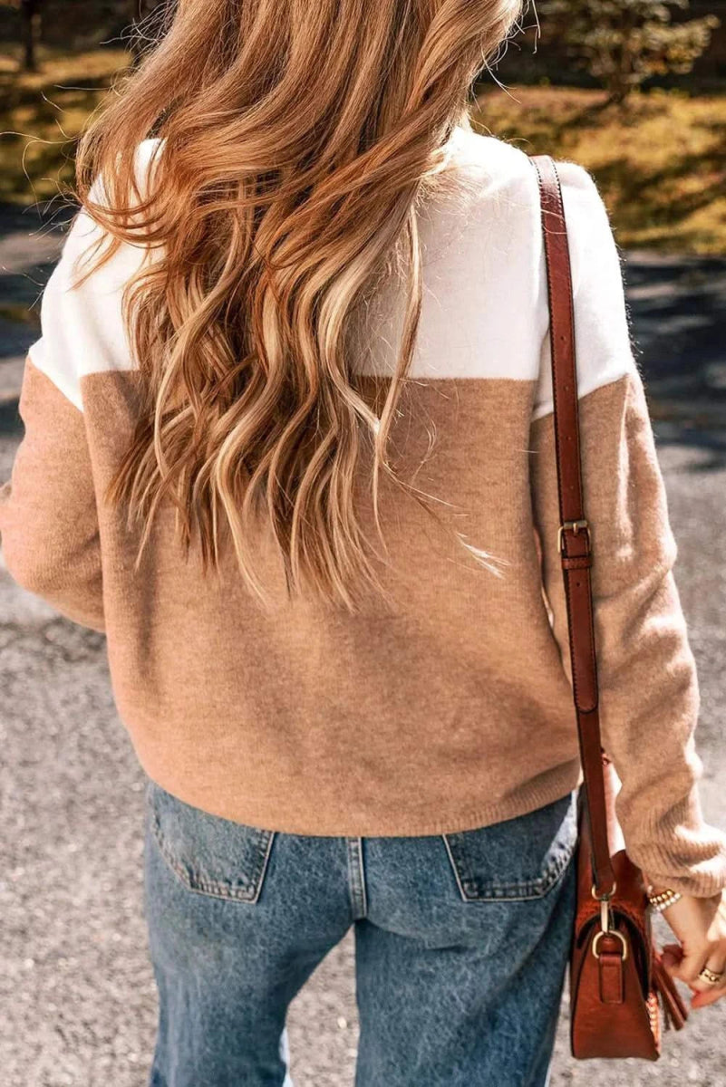 Color Block Round Neck Long Sleeve Sweater - Love Salve 