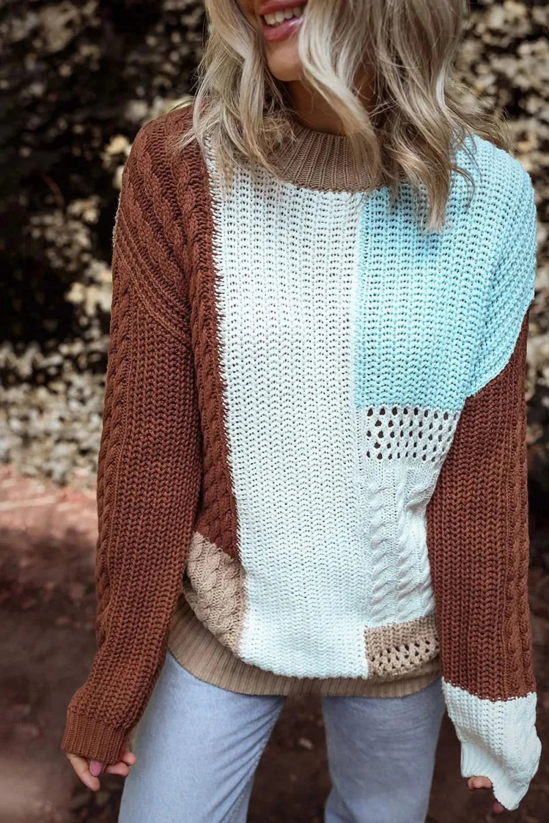 Color Block Round Neck Long Sleeve Sweater - Love Salve 