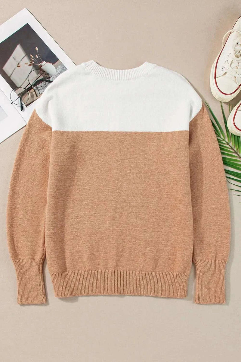 Color Block Round Neck Long Sleeve Sweater - Love Salve 