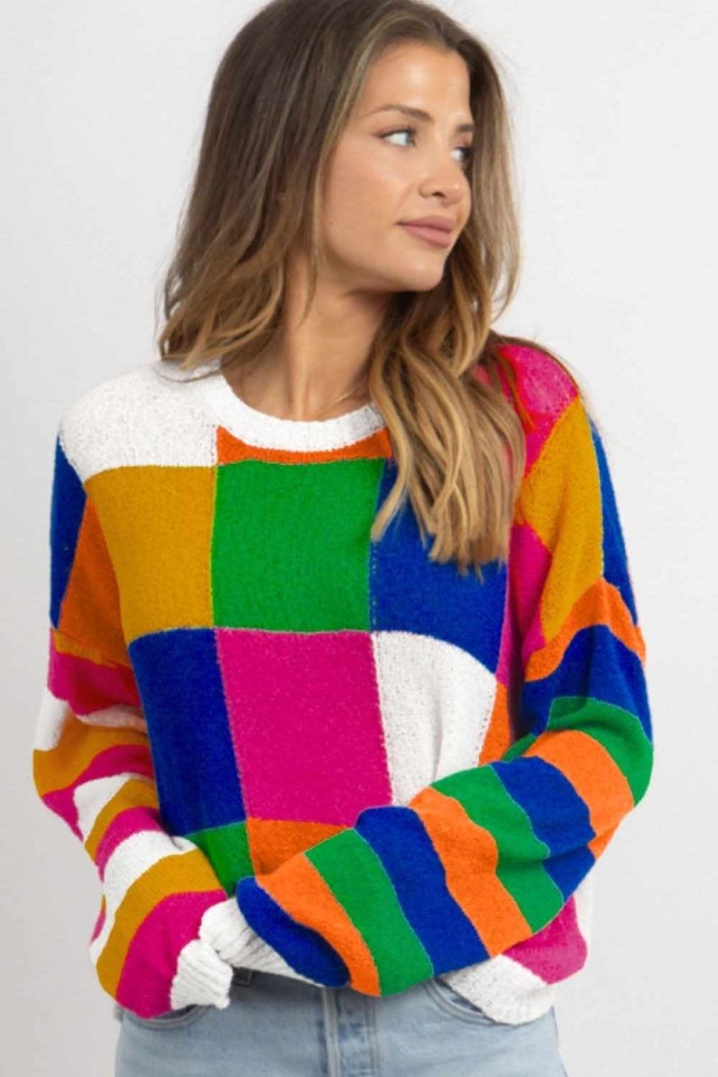 Color Block Round Neck Long Sleeve Sweater - Love Salve 