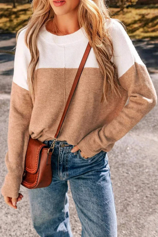 Color Block Round Neck Long Sleeve Sweater - Love Salve 