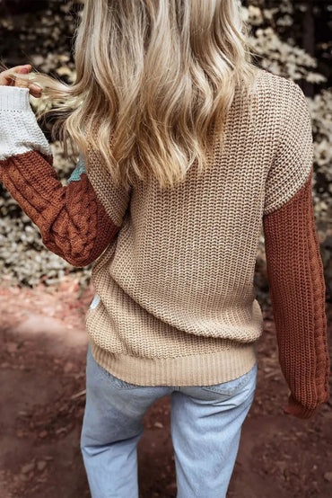 Color Block Round Neck Long Sleeve Sweater - Love Salve 
