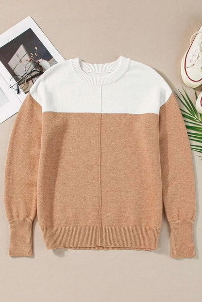 Color Block Round Neck Long Sleeve Sweater - Love Salve 