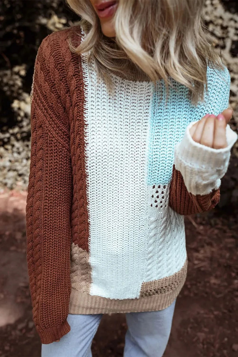 Color Block Round Neck Long Sleeve Sweater - Love Salve 