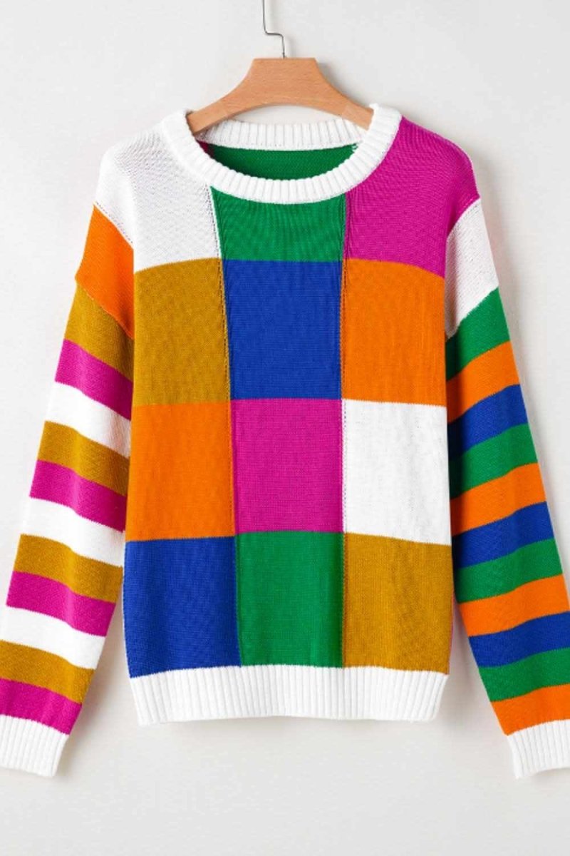 Color Block Round Neck Long Sleeve Sweater - Love Salve 