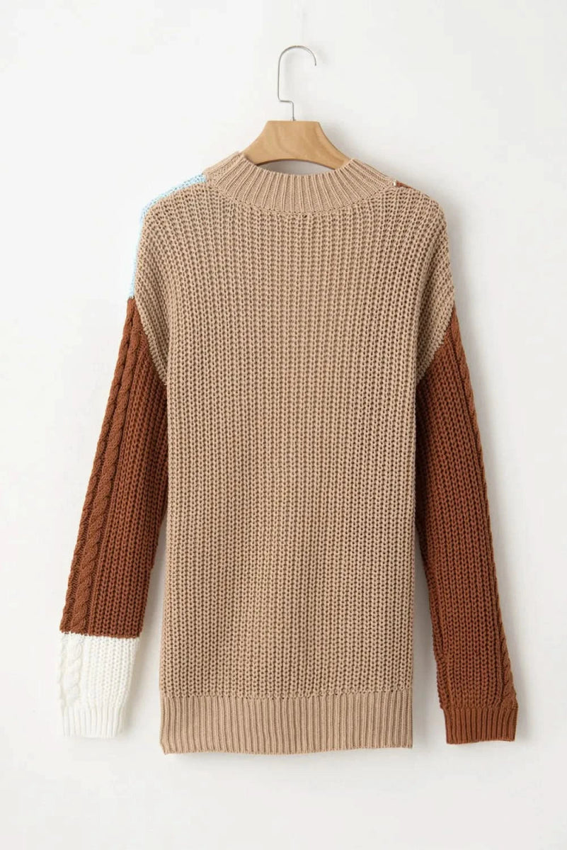 Color Block Round Neck Long Sleeve Sweater - Love Salve 