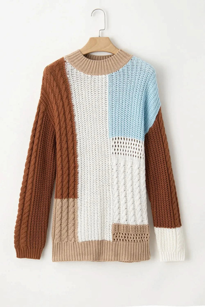 Color Block Round Neck Long Sleeve Sweater - Love Salve 
