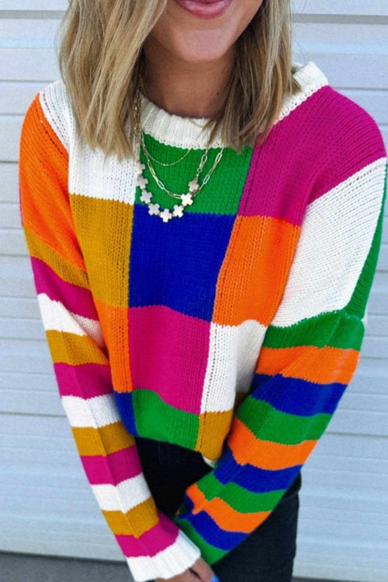 Color Block Round Neck Long Sleeve Sweater - Love Salve 