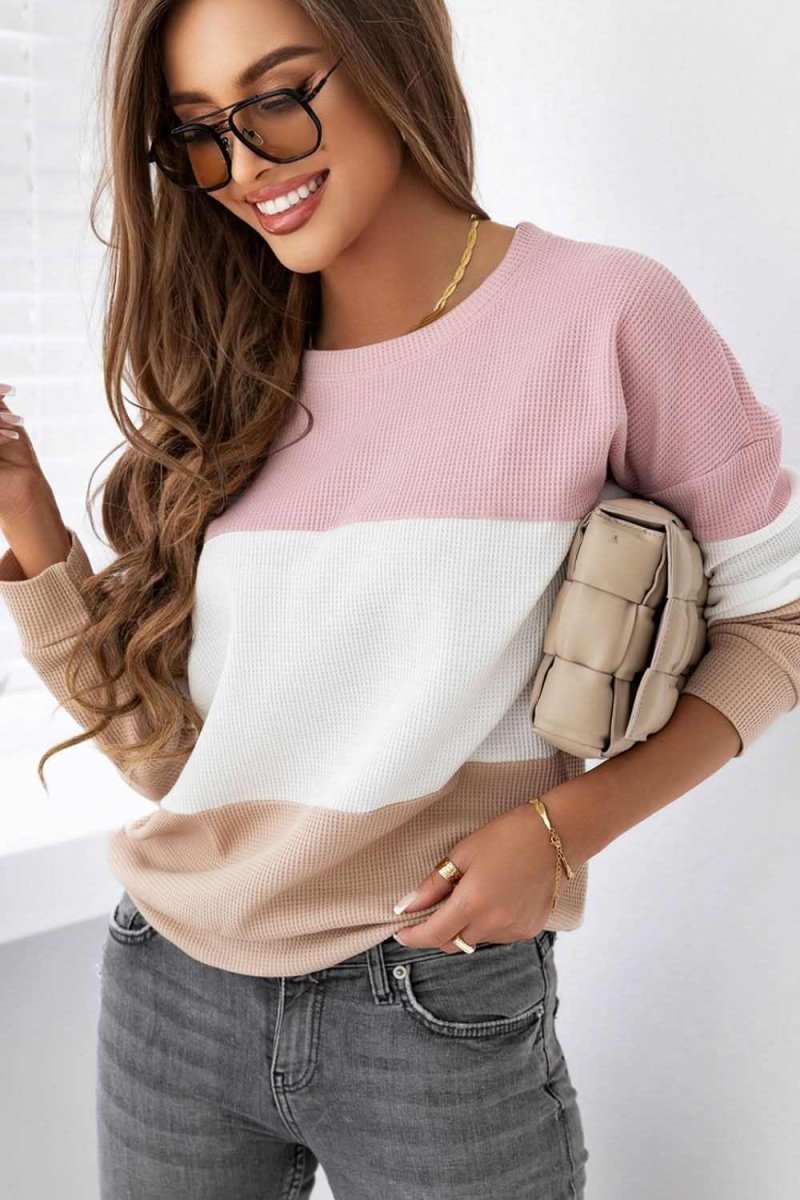 Color Block Waffle Knit Long Sleeve Top - Love Salve 