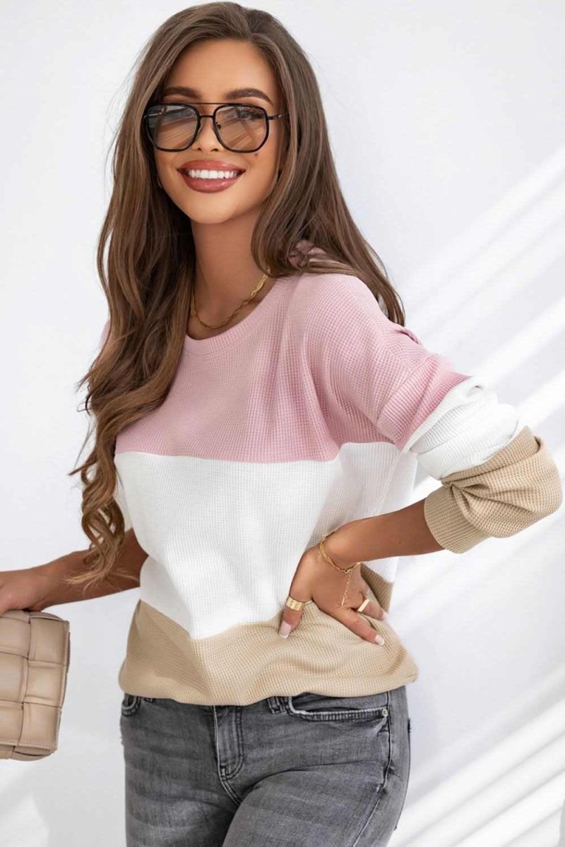 Color Block Waffle Knit Long Sleeve Top - Love Salve 