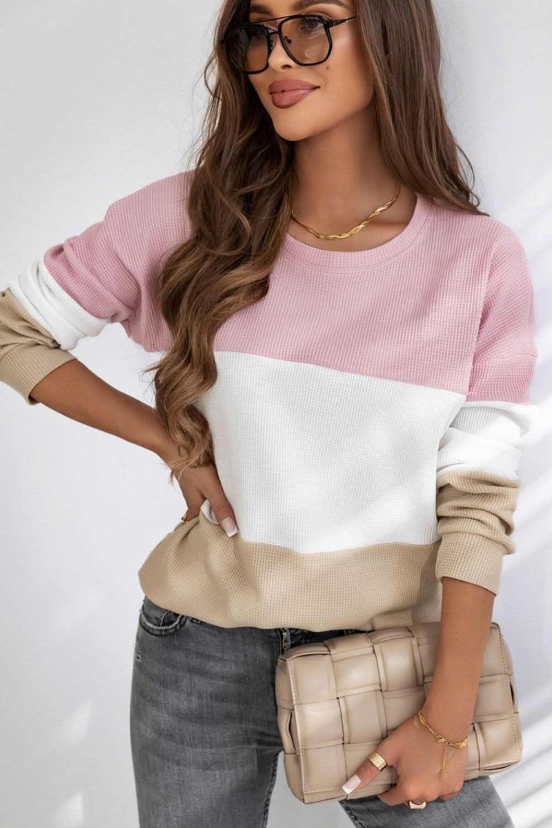 Color Block Waffle Knit Long Sleeve Top - Love Salve 