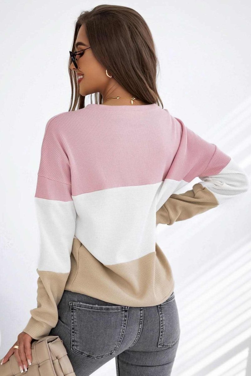 Color Block Waffle Knit Long Sleeve Top - Love Salve 