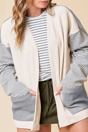 Colorblock Striped Open Front Cardigan with Pockets in Black - Love Salve