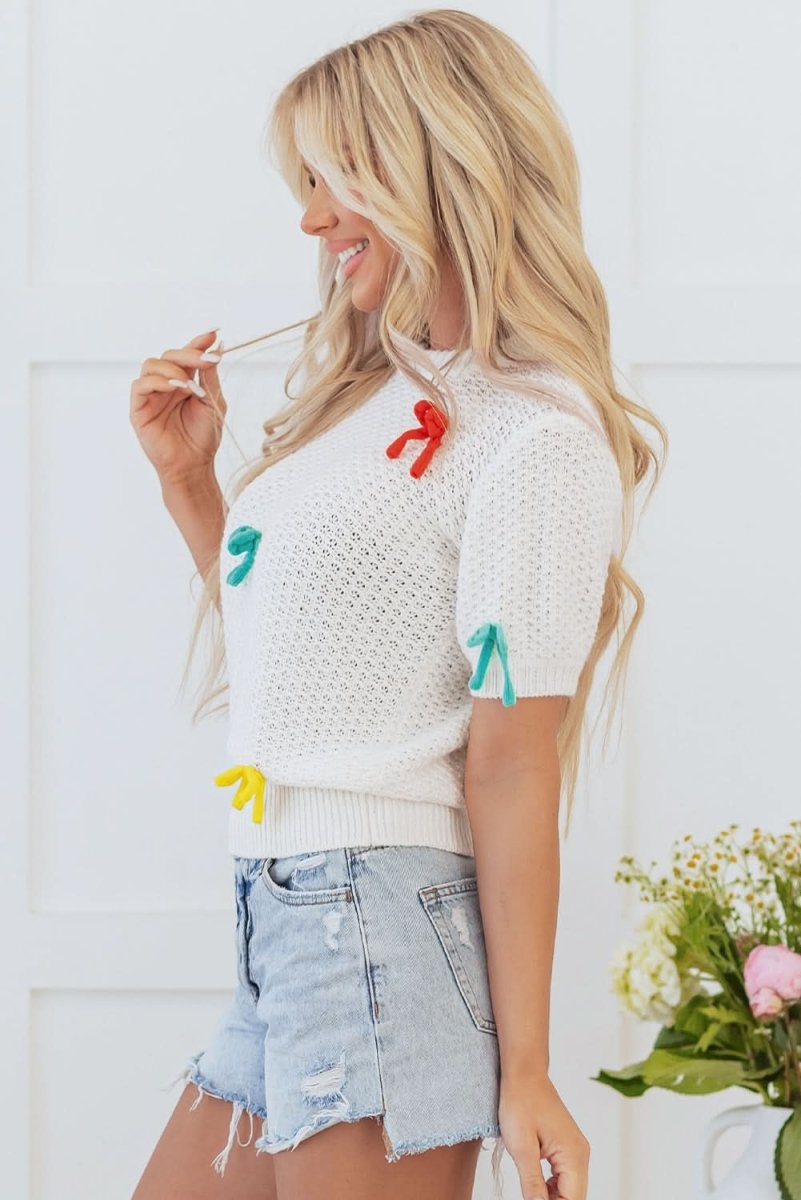 Colorful Bow-Embellished White Knit Mock Neck Sweater - Love Salve 