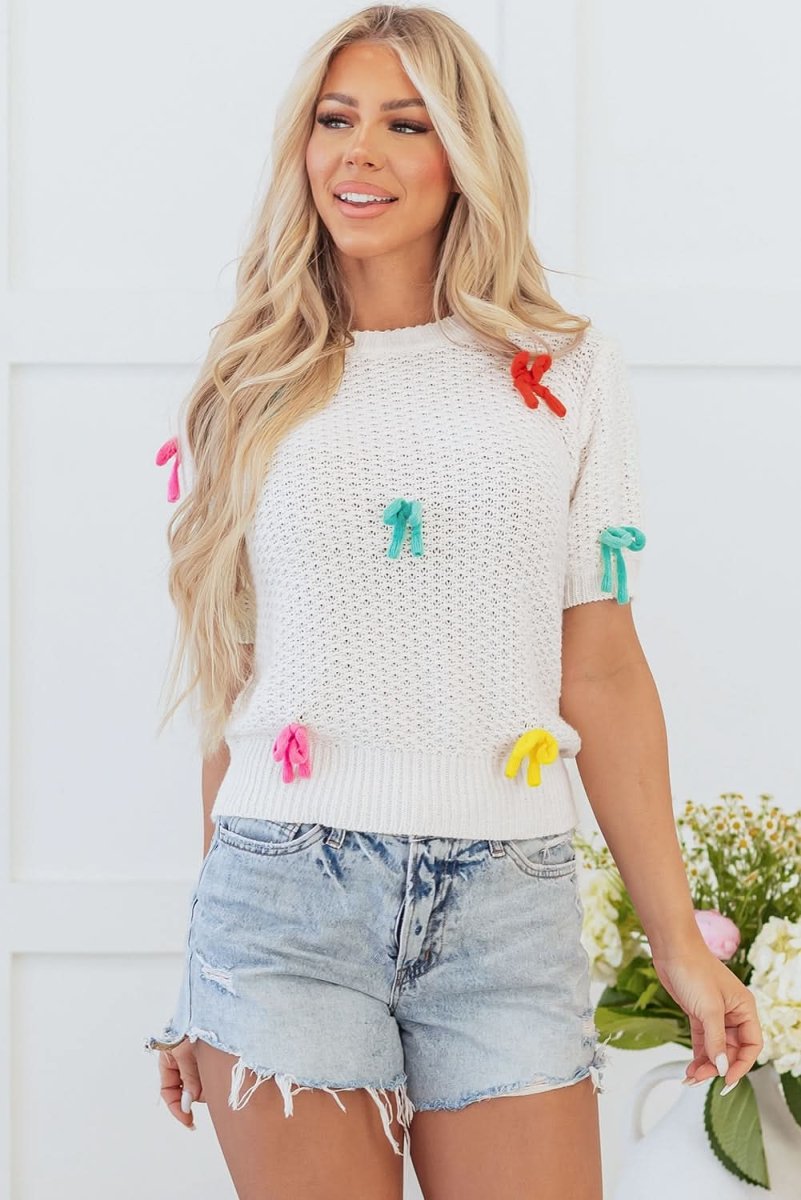 Colorful Bow-Embellished White Knit Mock Neck Sweater - Love Salve 