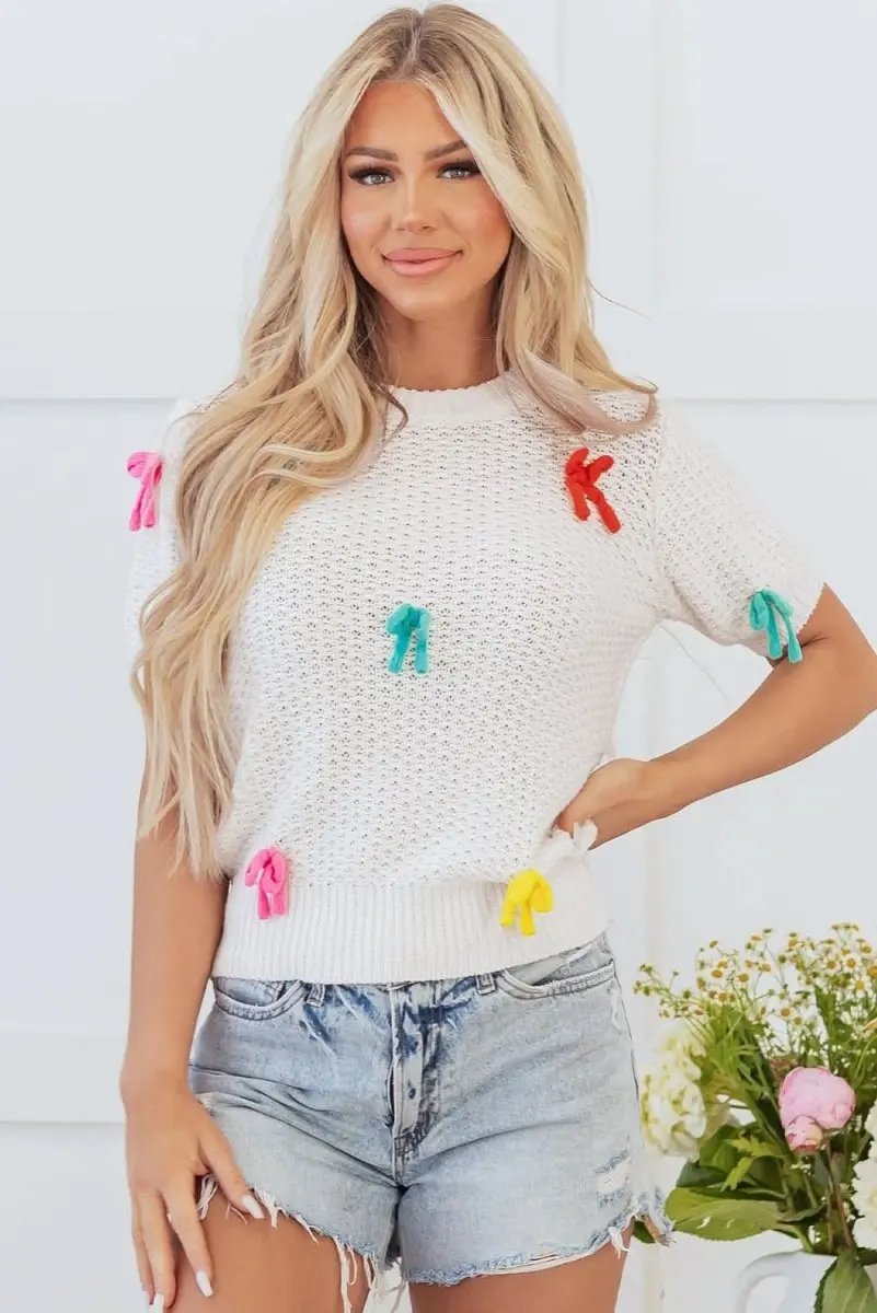 Colorful Bow-Embellished White Knit Mock Neck Sweater - Love Salve 