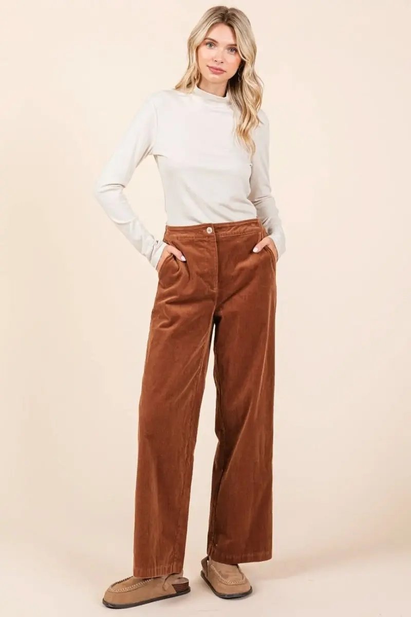 Comfort Fit Stretchy Corduroy Pants with Elastic Back Waistband - Love Salve 