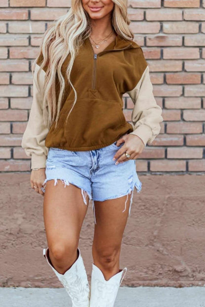 Contrast Half Zip Long Sleeve Hoodie - Love Salve 