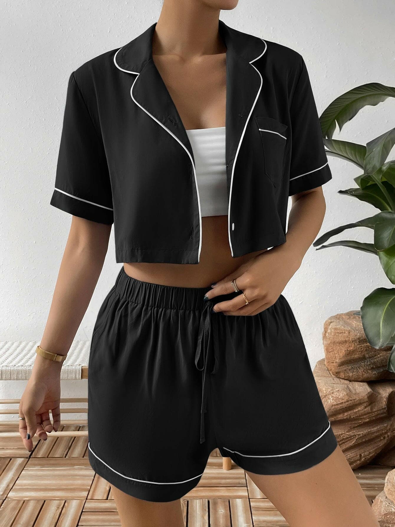 Contrast Lapel Collar Cropped Shirt and Shorts Lounge Set - Love Salve