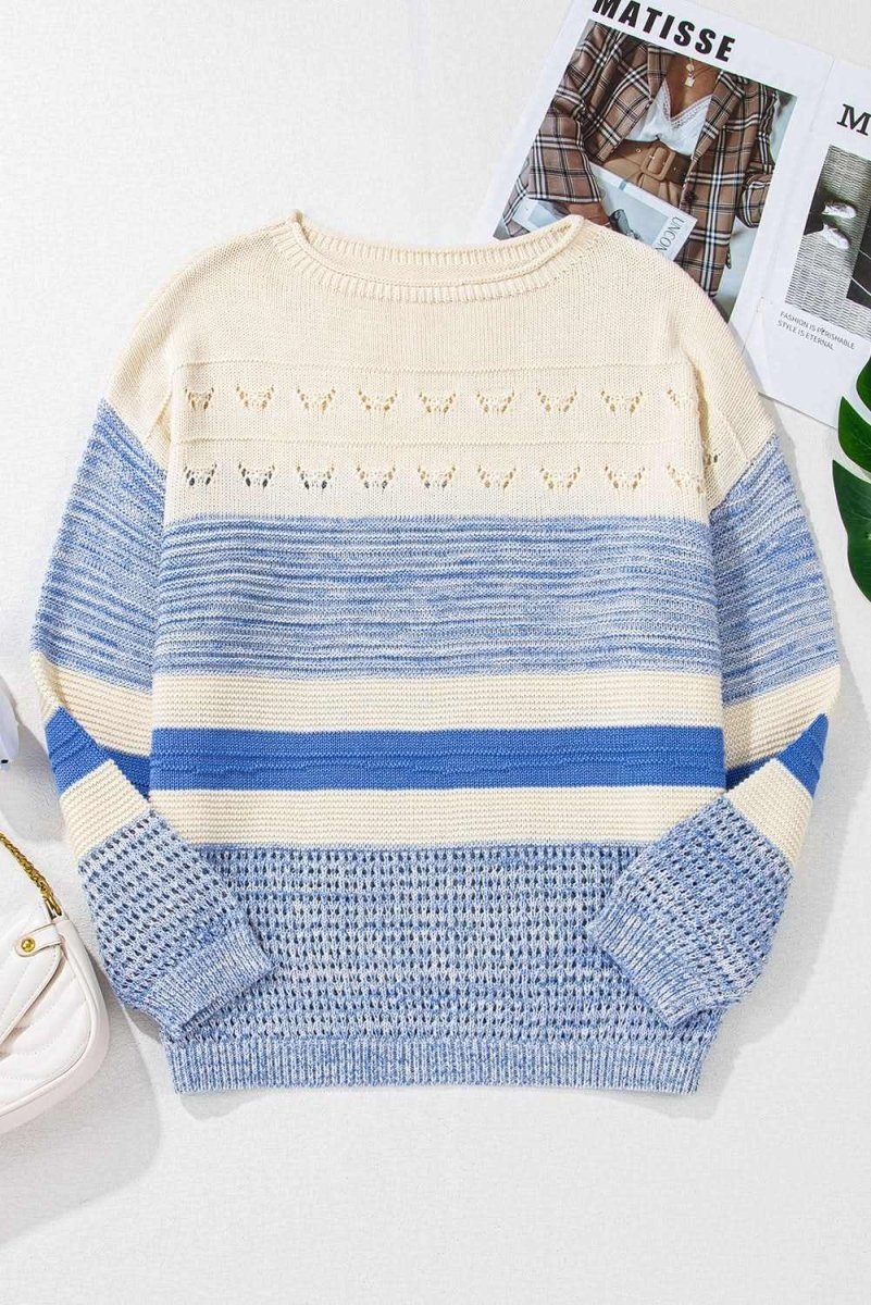 Contrast Round Neck Long Sleeve Sweater - Love Salve 