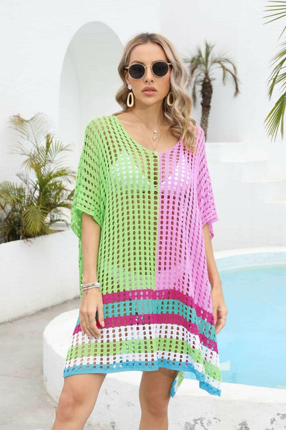 Chic openwork scoop neck half sleeve beach cover-up in vibrant colors.