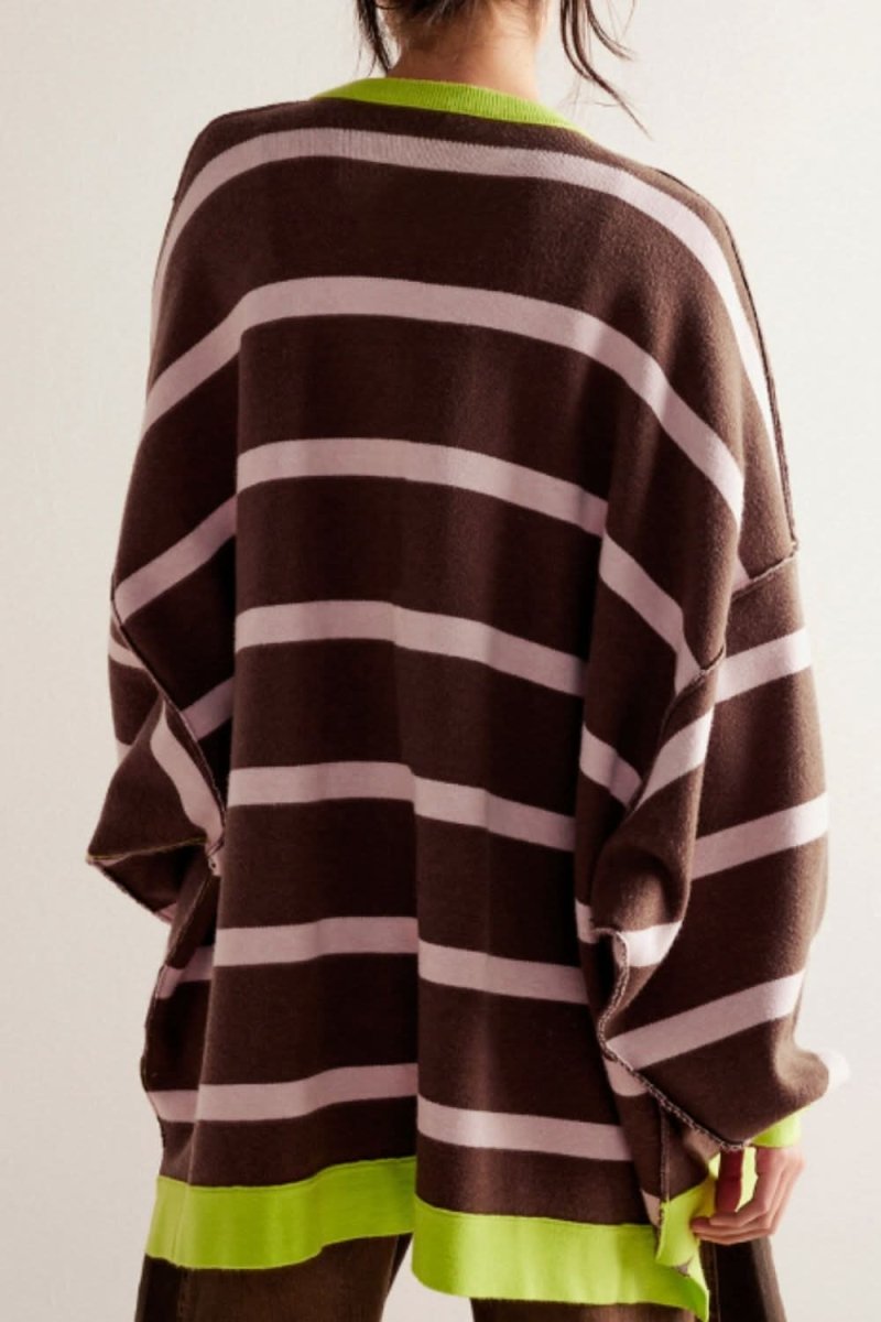 Contrast Stripes Button Down Long Sleeve Cardigan - Love Salve 