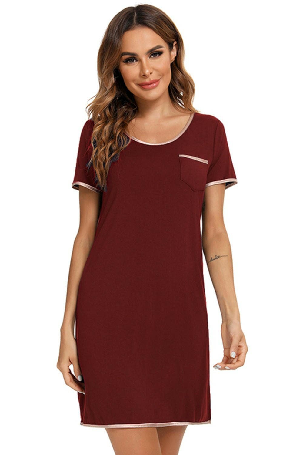 Contrast Trim Pocketed Round Neck Lounge Dress - Love Salve