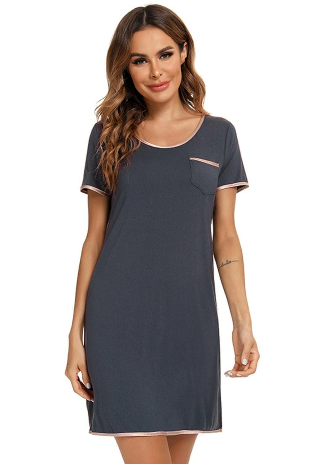 Contrast Trim Pocketed Round Neck Lounge Dress - Love Salve