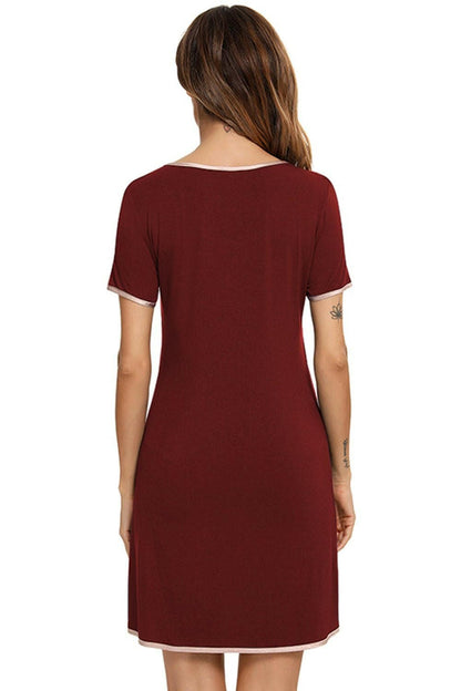 Contrast Trim Pocketed Round Neck Lounge Dress - Love Salve