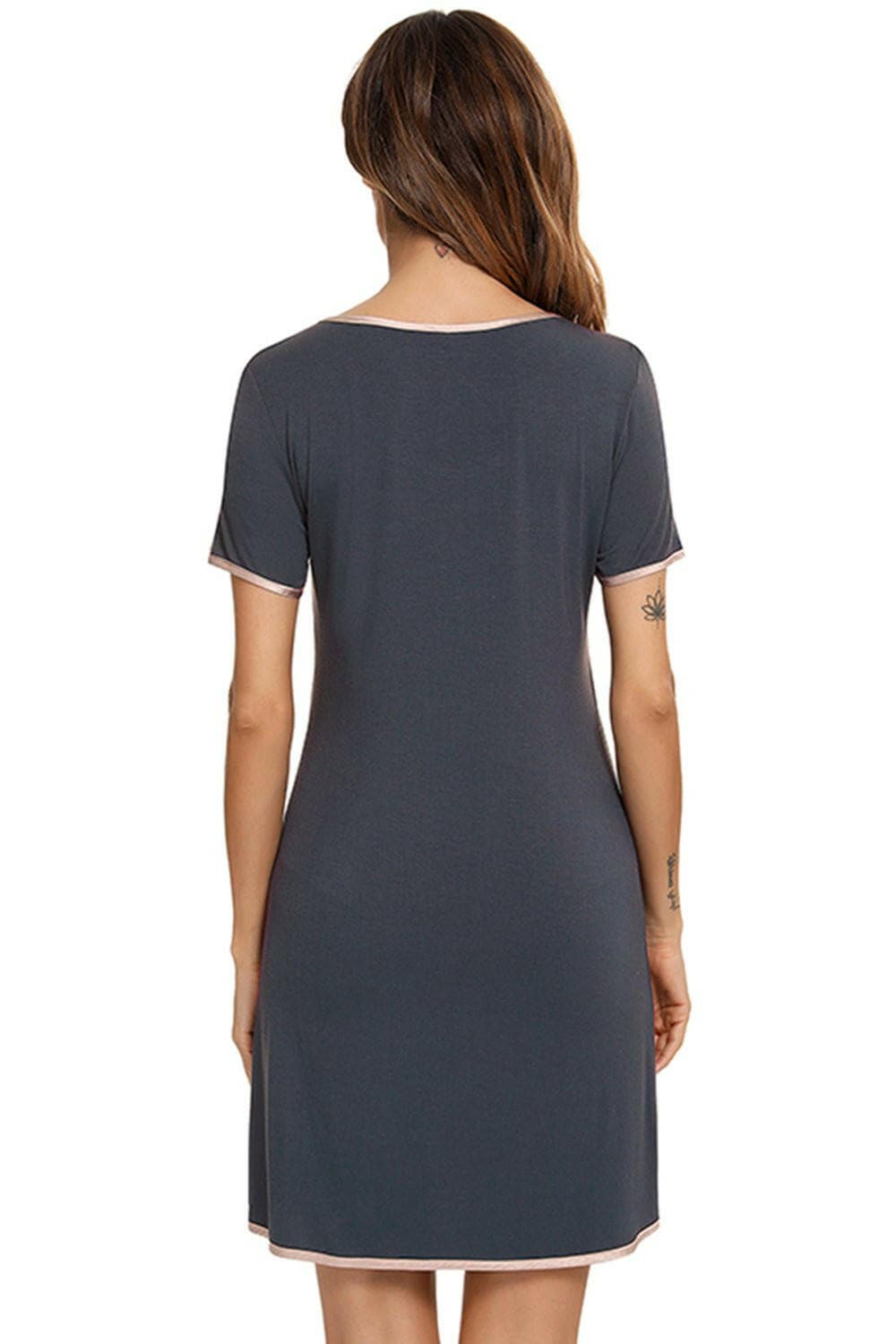 Contrast Trim Pocketed Round Neck Lounge Dress - Love Salve