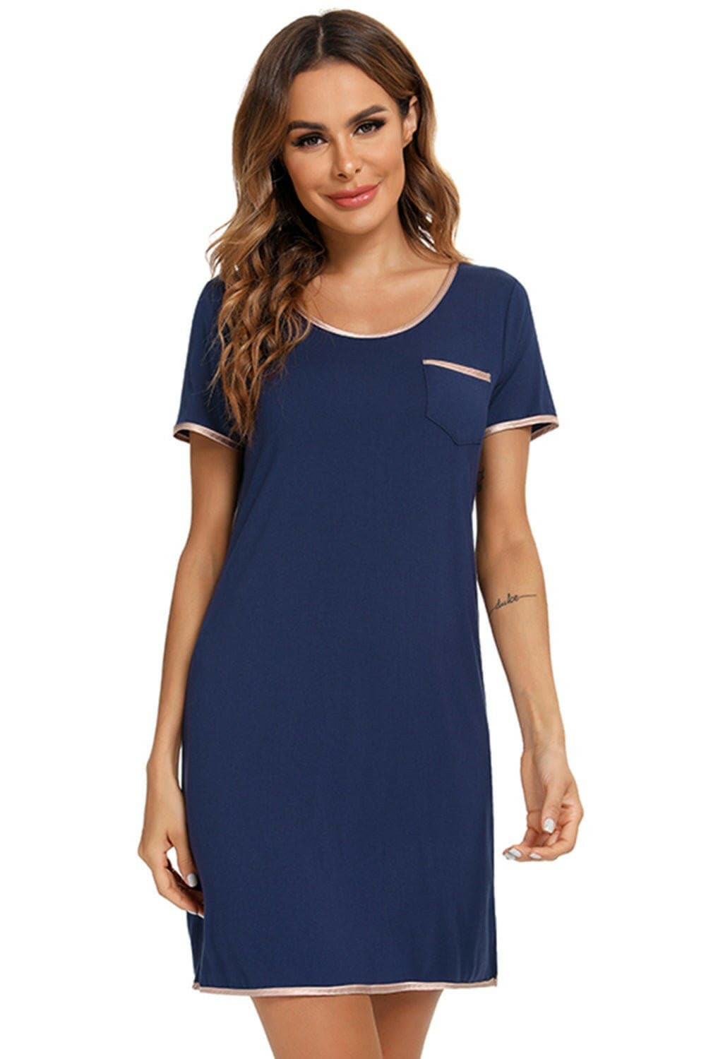 Contrast Trim Pocketed Round Neck Lounge Dress - Love Salve