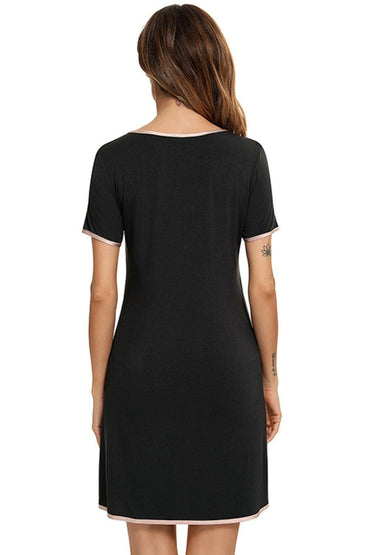 Contrast Trim Pocketed Round Neck Lounge Dress - Love Salve