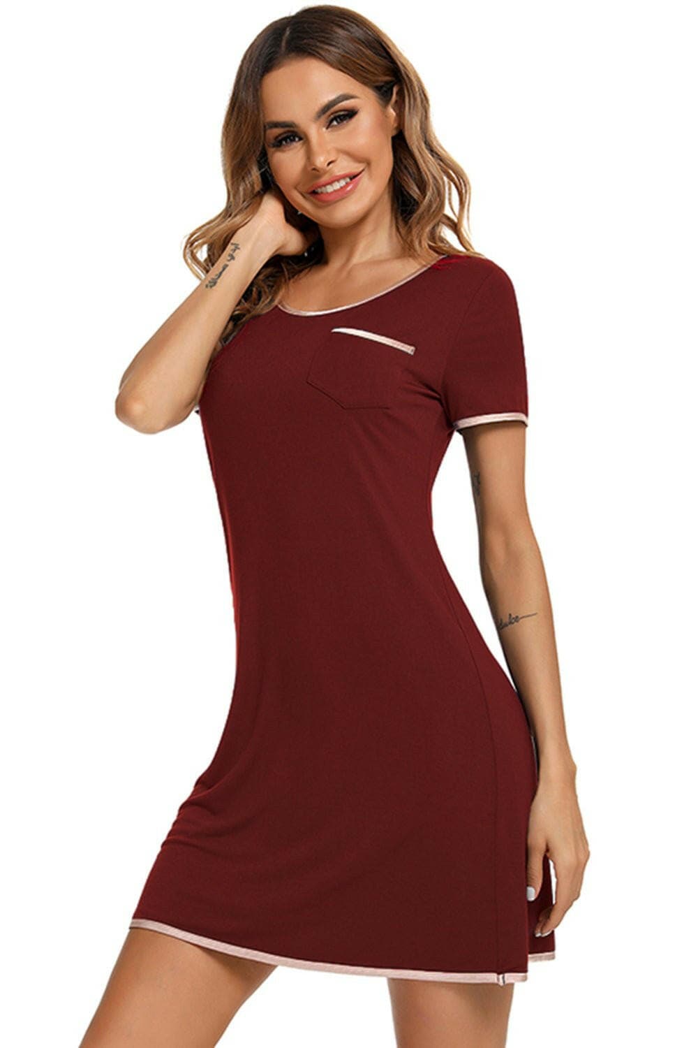 Contrast Trim Pocketed Round Neck Lounge Dress - Love Salve