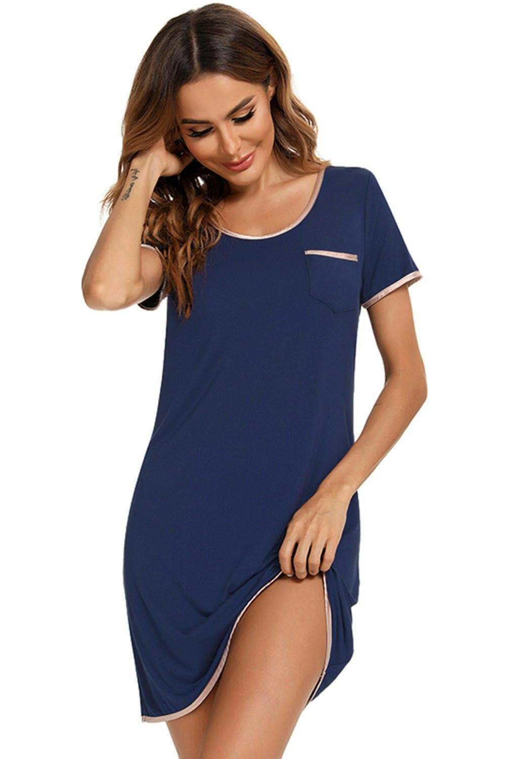 Contrast Trim Pocketed Round Neck Lounge Dress - Love Salve