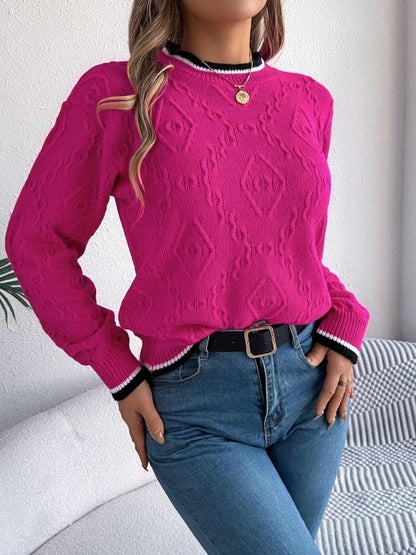 Contrast Trim Round Neck Long Sleeve Sweater - Love Salve 