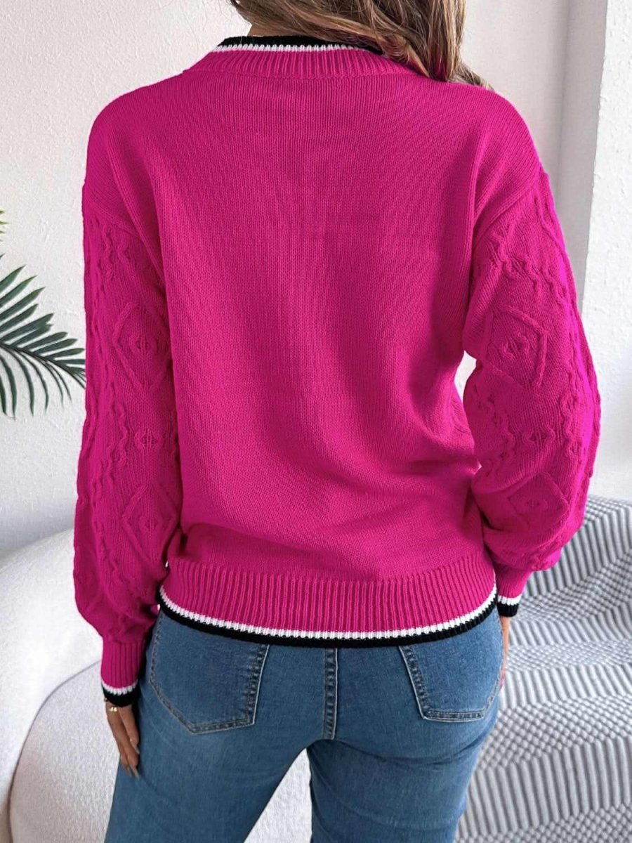 Contrast Trim Round Neck Long Sleeve Sweater - Love Salve