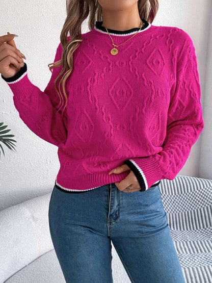 Contrast Trim Round Neck Long Sleeve Sweater - Love Salve 