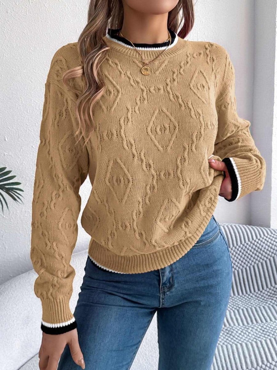Contrast Trim Round Neck Long Sleeve Sweater - Love Salve