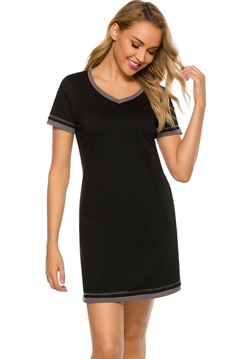 Cozy Chic Short Sleeve Lounge Dress with Contrast DetailCozy Chic Short Sleeve Lounge Dress with Contrast Detail
 Experience the perfect blend of style and comfort with our Cozy Chic Lounge Dress featuring a unique contraLove Salve Cozy Chic Short Sleeve Lounge Dressswimwear