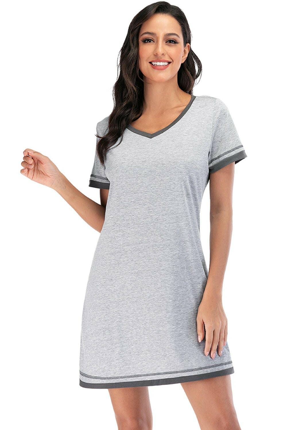 Cozy Chic Short Sleeve Lounge Dress with Contrast DetailCozy Chic Short Sleeve Lounge Dress with Contrast Detail
 Experience the perfect blend of style and comfort with our Cozy Chic Lounge Dress featuring a unique contraLove Salve Cozy Chic Short Sleeve Lounge Dressswimwear