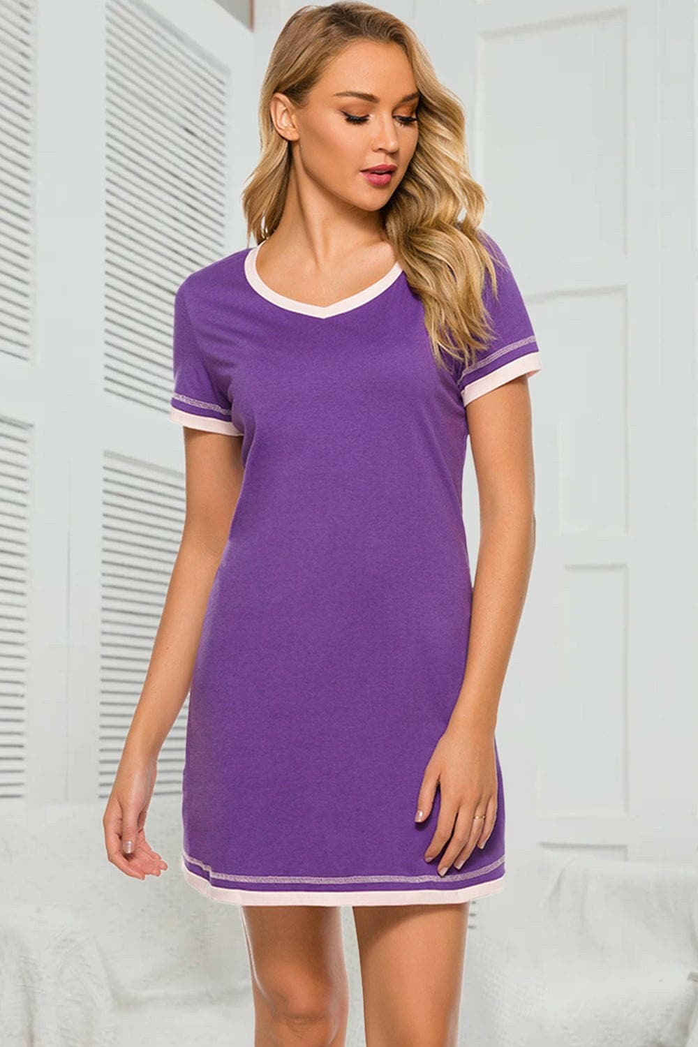 Cozy Chic Short Sleeve Lounge Dress with Contrast DetailCozy Chic Short Sleeve Lounge Dress with Contrast Detail
 Experience the perfect blend of style and comfort with our Cozy Chic Lounge Dress featuring a unique contraLove Salve Cozy Chic Short Sleeve Lounge Dressswimwear