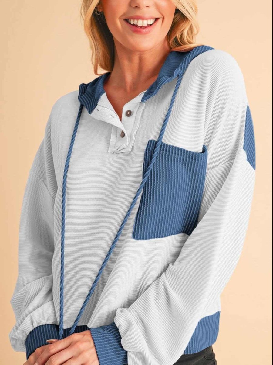 Corded Color Block Drawstring Hoodie - Love Salve 