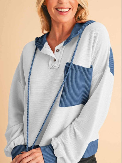 Corded Color Block Drawstring Hoodie - Love Salve 