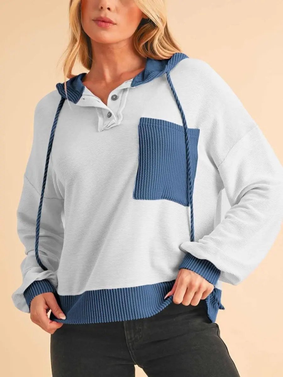 Corded Color Block Drawstring Hoodie - Love Salve 