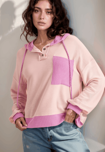 Corded Color Block Drawstring Hoodie - Love Salve 