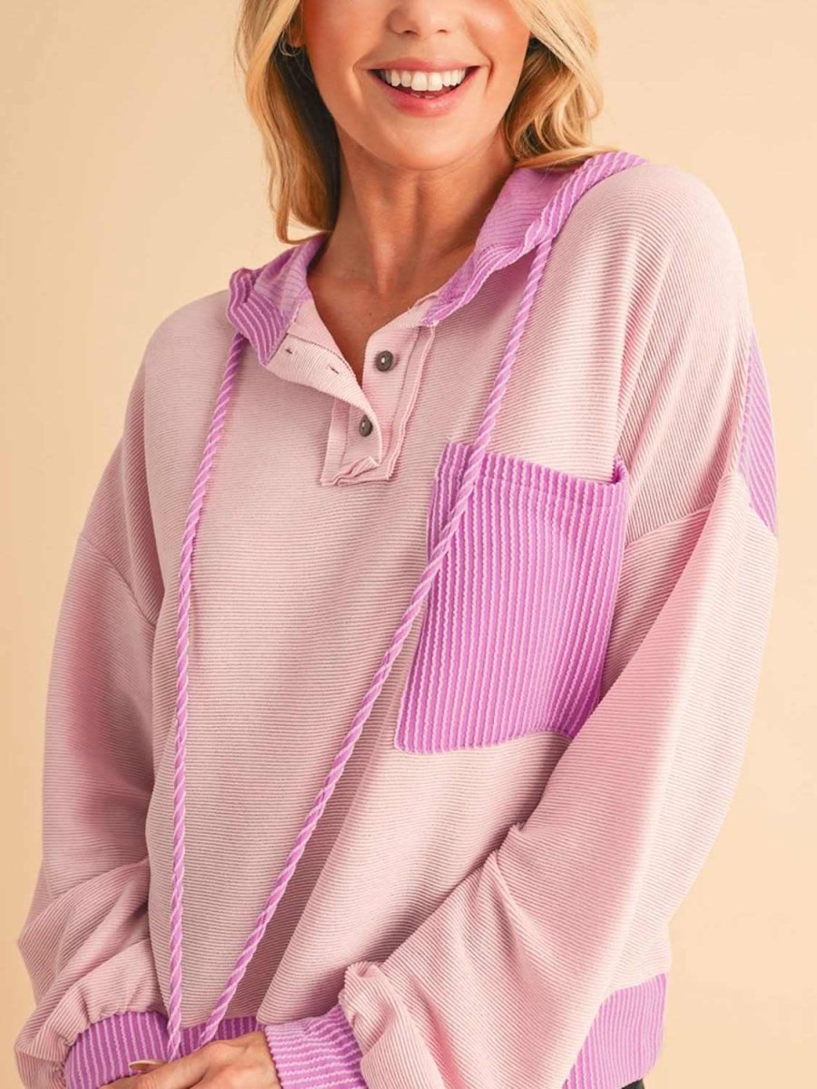 Corded Color Block Drawstring Hoodie - Love Salve 