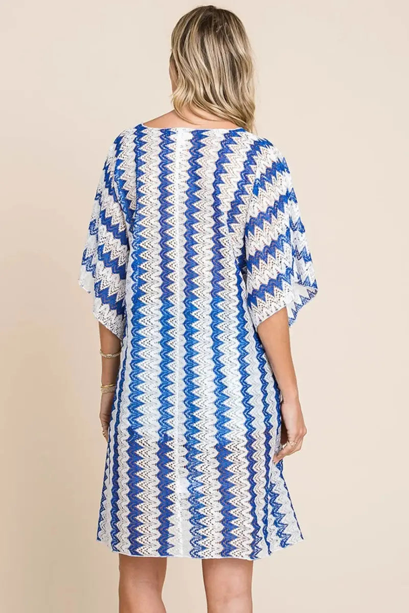 Cotton Bleu by Nu Lab Tied Striped Plunge Half Sleeve Cover Up - Love Salve 
