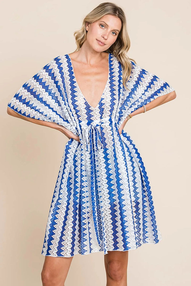 Cotton Bleu by Nu Lab Tied Striped Plunge Half Sleeve Cover Up - Love Salve